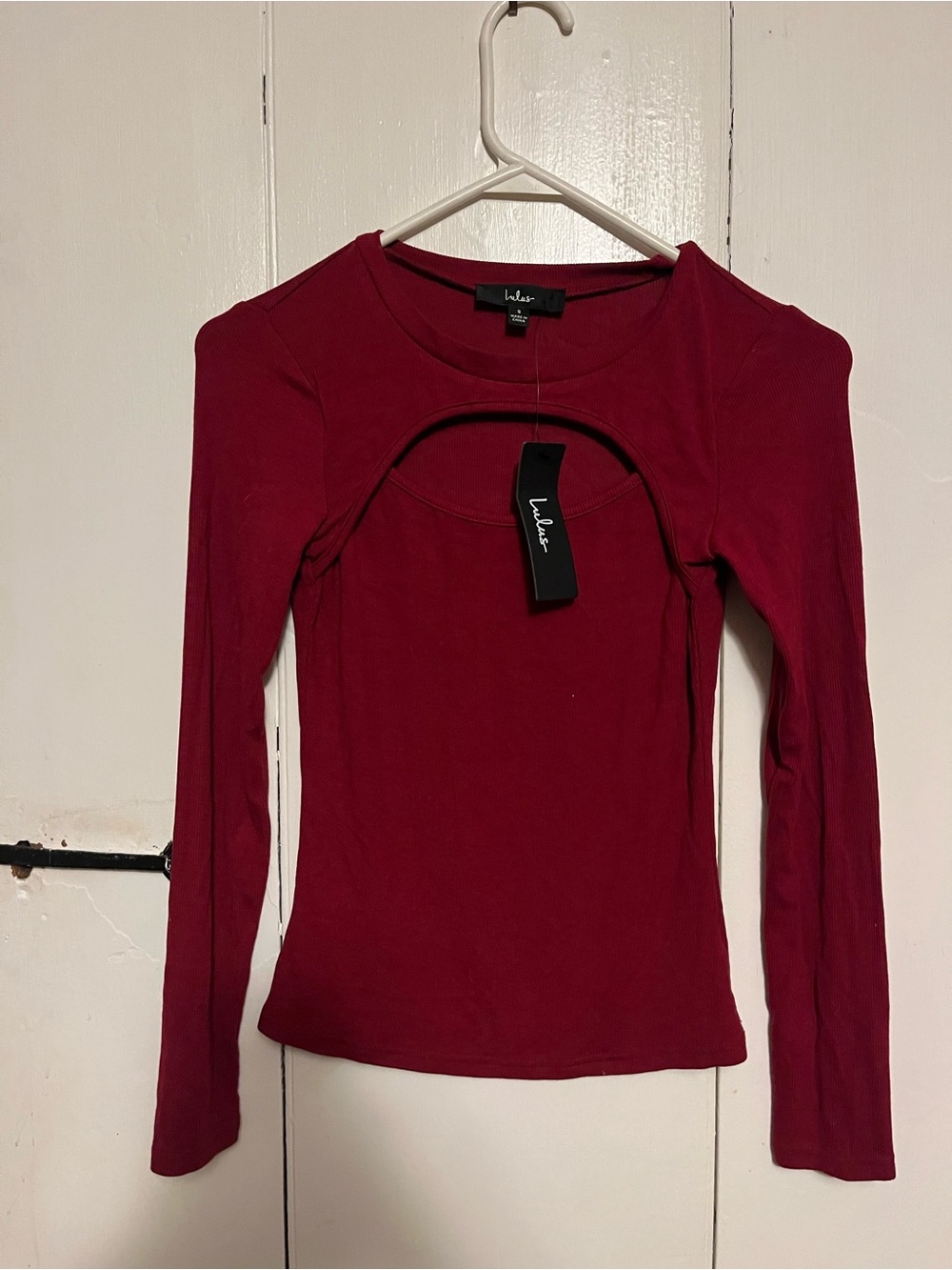 Lulu's Wine-Red Long Sleeve Cutout Top